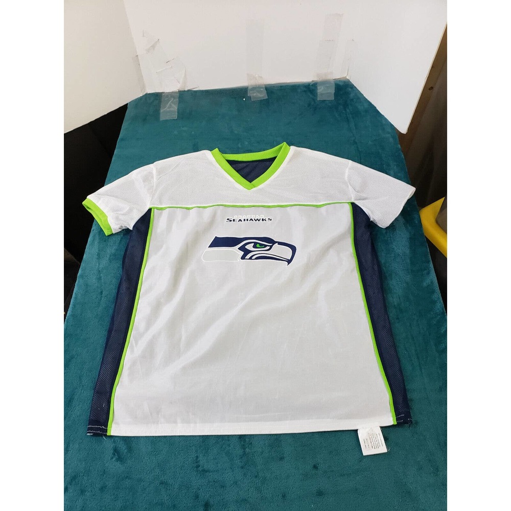 Seattle Seahawks Mens White Short Sleeve Jersey Sz Large Flag Football NFL